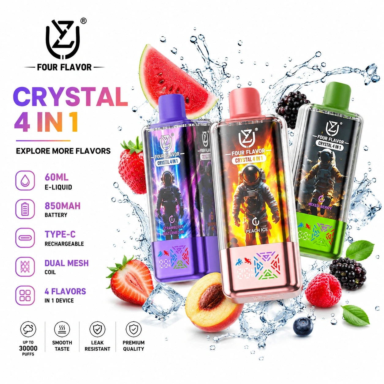 UZY 100.000 Puffs Crystal 4 em 1 - vape descartável recarregável com display LED para Portugal