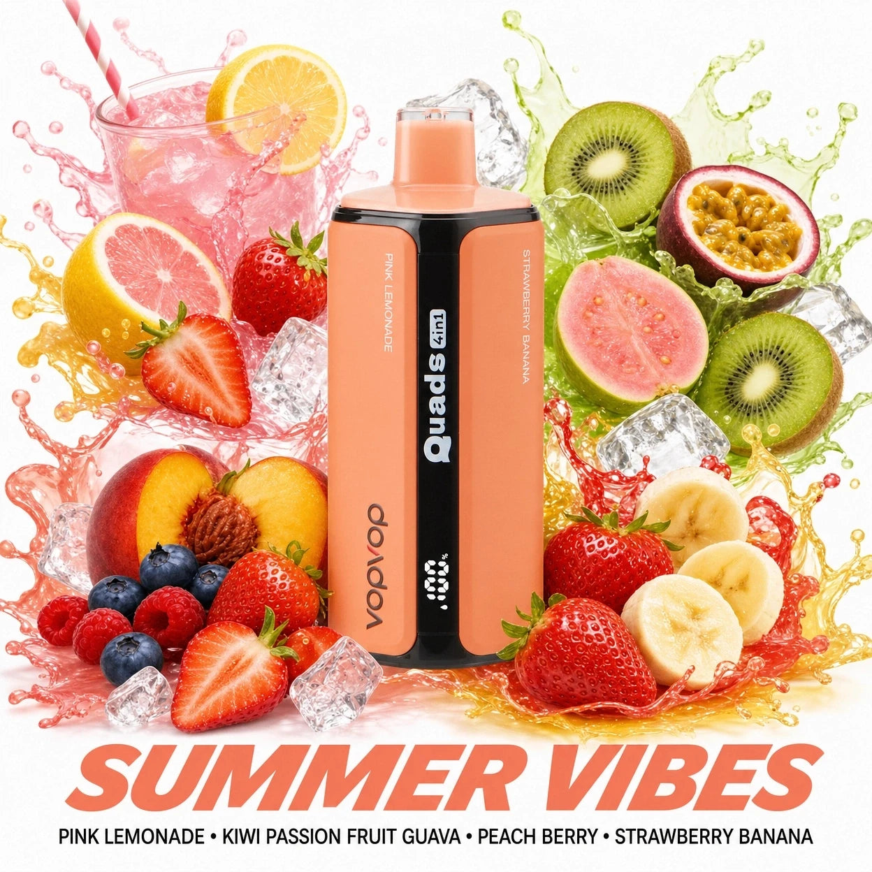 VopVop Quads 120.000 Puffs 4 em 1 - Sabores Frutas Tropicais, Ananás e Framboesa Azul Premium