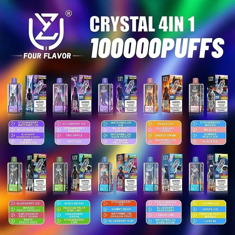UZY 100.000 Puffs Crystal 4 em 1 - design transparente com quatro sabores no mesmo dispositivo