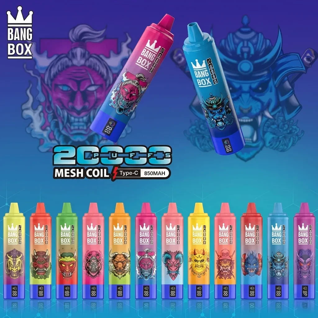 Bang Box 20000 Puffs Vape Descartável Recarregável - Vista Frontal com Opções 0% 2% 5% Nicotina