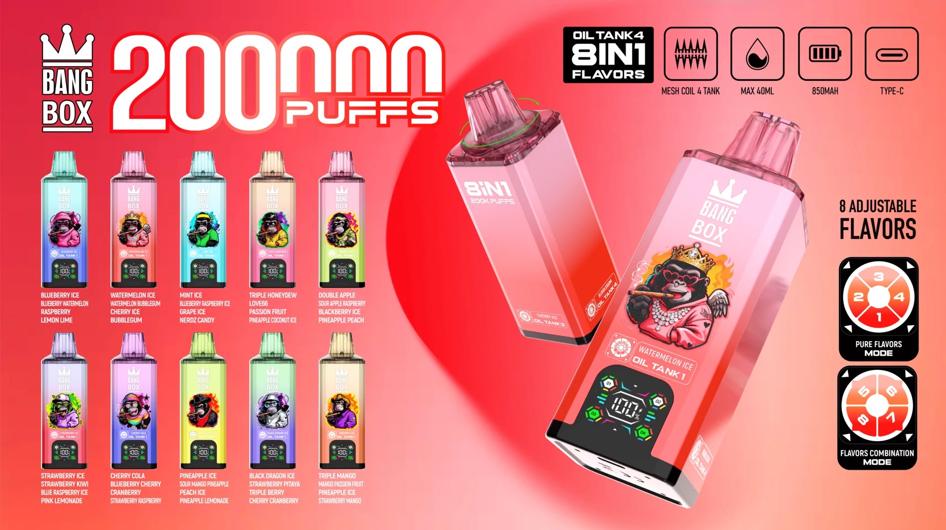 Bang Box 200.000 Puffs Vape Descartável 8 em 1 - Vista do Produto Design Inovador