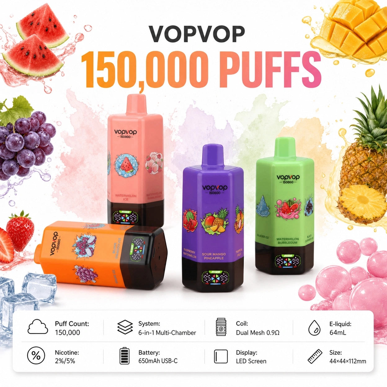 VOPVOP 150.000 Puffs 6 em 1 - Vista Geral do Produto, Vape Descartável Recarregável 6 Sabores Portugal