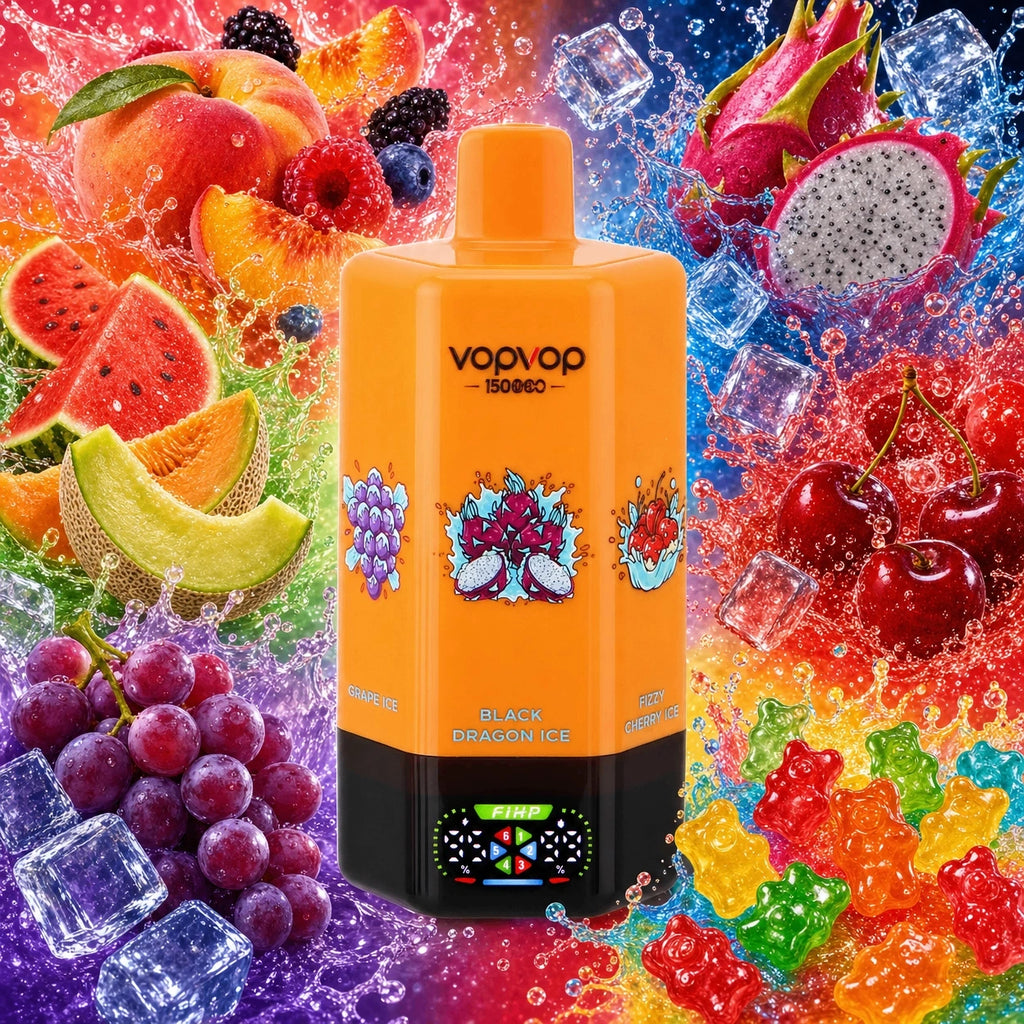 VOPVOP 150.000 Puffs 6 em 1 - Bateria 650mAh Recarregável via Porta Type-C, Ecrã LED Inteligente