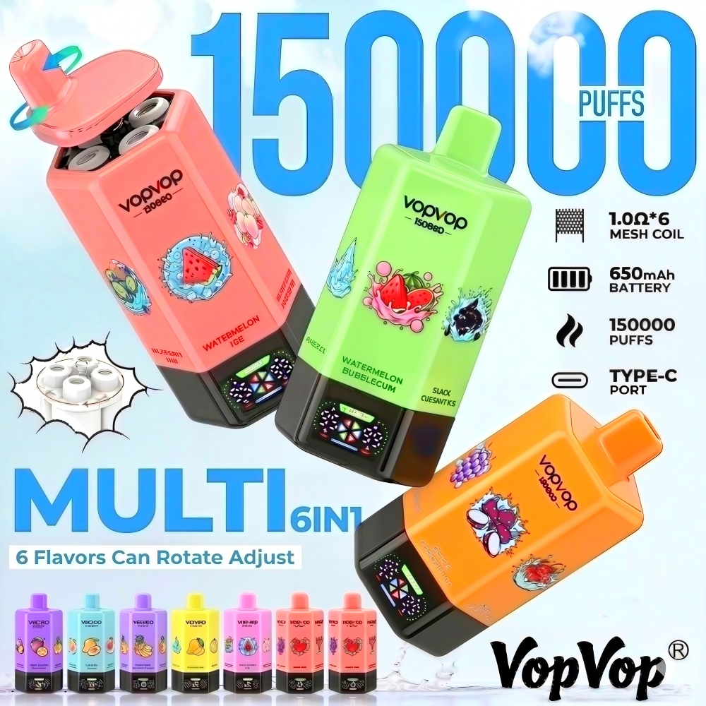 VOPVOP 150.000 Puffs 6 em 1 - Vista Geral do Produto, Design Compacto Recarregável Portugal