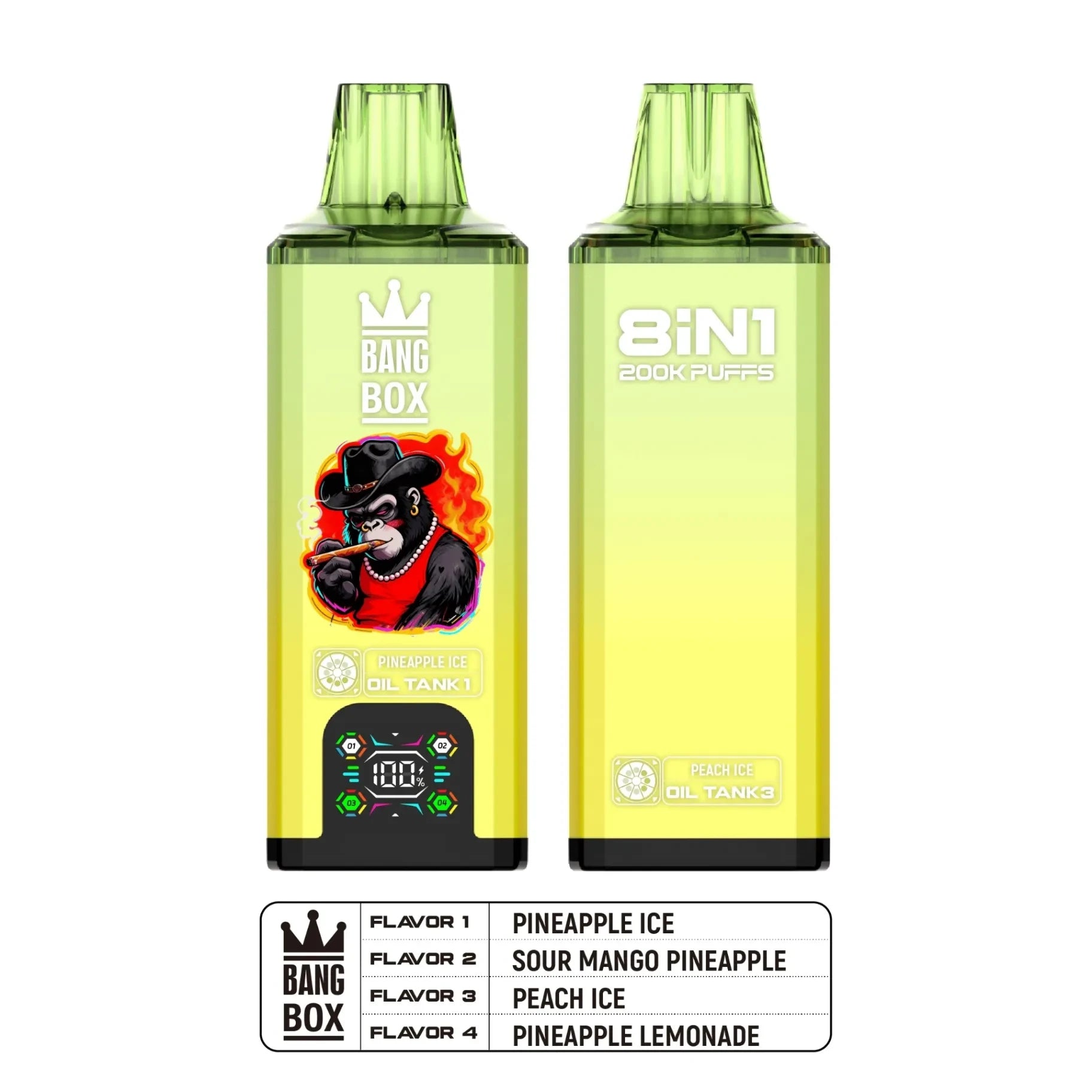 Bang Box 200.000 Puffs Vape Descartável 8 em 1 - Sabores Ananás Gelado, Manga Ácida, Pêssego e Limonada de Ananás