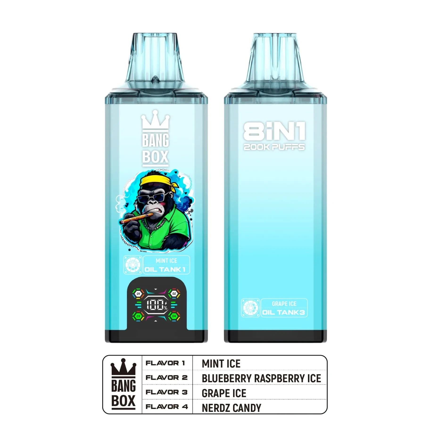 Bang Box 200.000 Puffs Vape Descartável 8 em 1 - Sabores Hortelã, Mirtilo, Framboesa, Uva Gelada e Balas Nerds