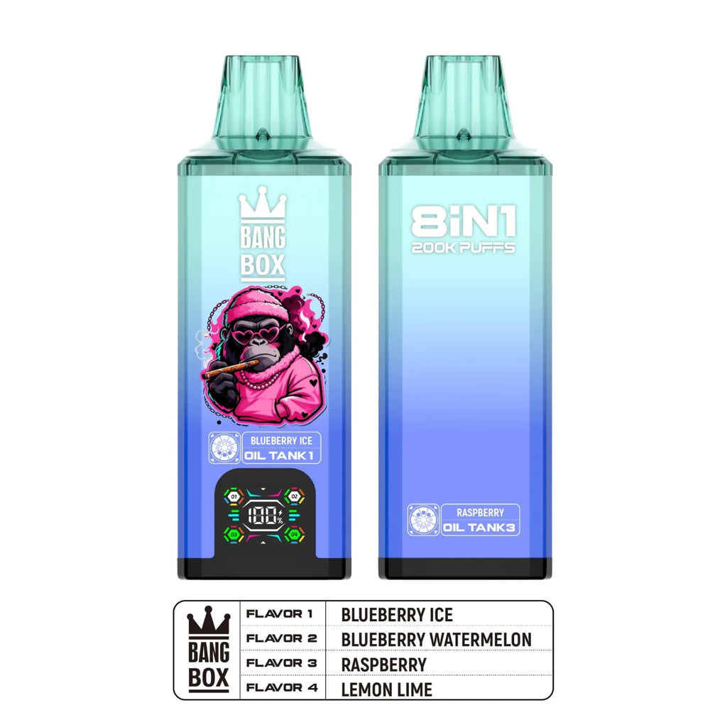 Bang Box 200.000 Puffs Vape Descartável 8 em 1 - Sabores Mirtilo Gelado, Melancia, Framboesa e Limão com Lima