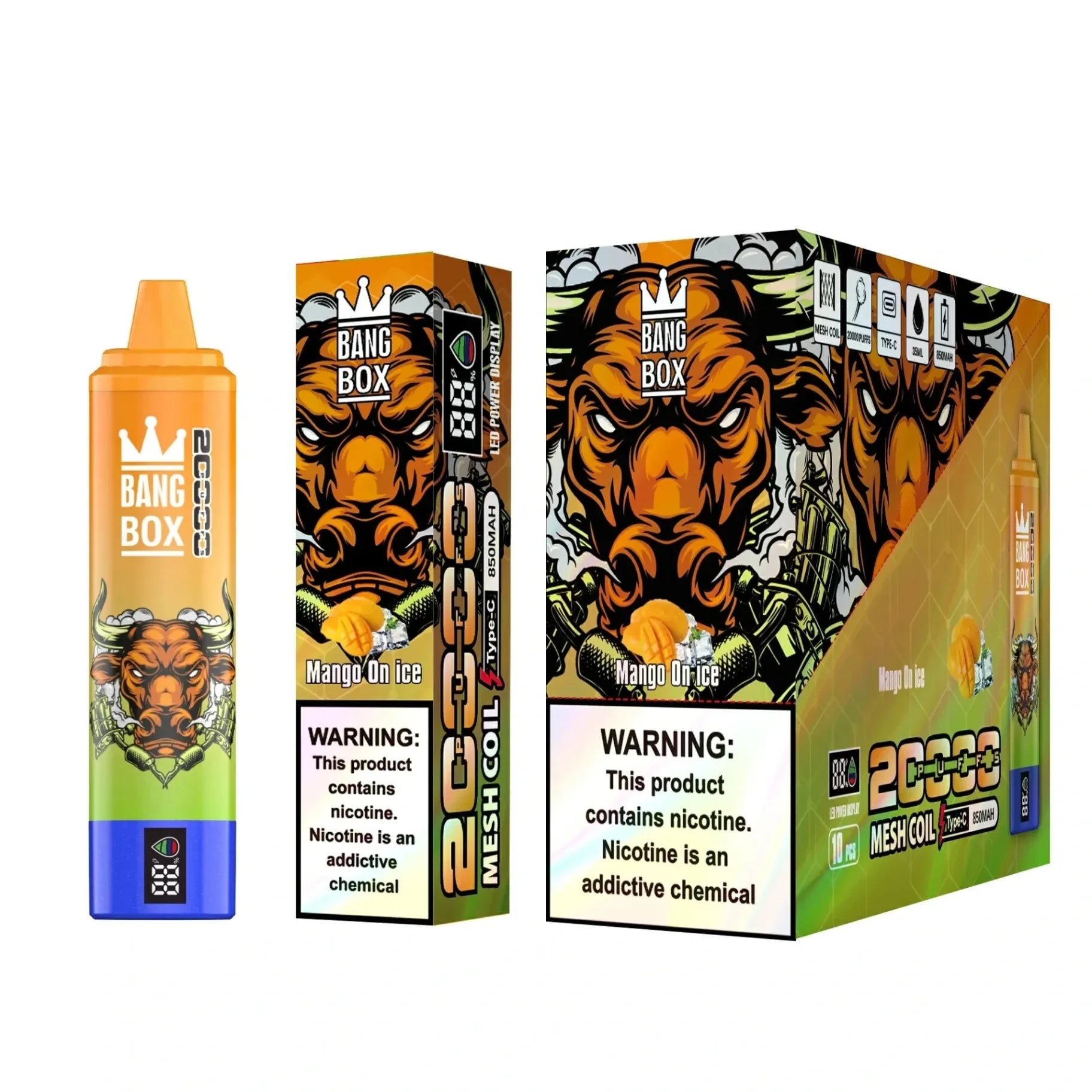 Bang Box 20000 Puffs Vape Recarregável - Especificações Técnicas 850mAh Mesh Coil Ecrã LED